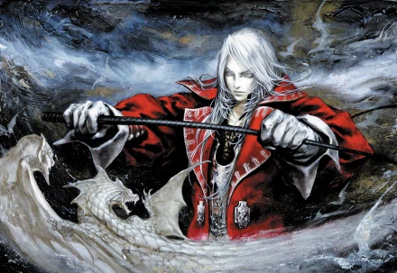 A captivating HD wallpaper featuring a character from **Castlevania: Harmony of Dissonance**, evoking the artistic style of **Castlevania: Symphony of the Night** with dramatic elements.