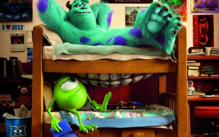 James P. Sullivan and Mike Wazowski from Monsters University relax in their dorm room, capturing a fun moment in this vibrant HD wallpaper.