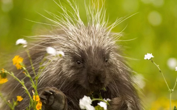 HD desktop wallpaper featuring a close-up of a porcupine surrounded by wildflowers in a vibrant green natural setting.
