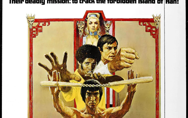 Enter the Dragon movie poster showing three martial artists in a vintage painted layout — 2K Quad HD PC desktop wallpaper and background.