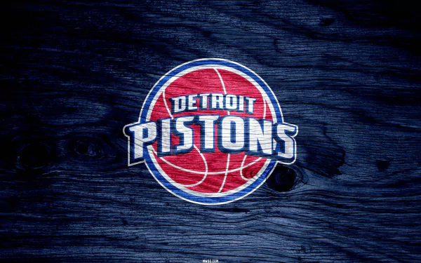 HD desktop wallpaper featuring the Detroit Pistons logo on a textured dark wooden background, representing the basketball team and sports spirit.