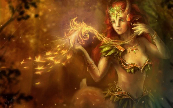 HD PC desktop wallpaper featuring a mystical female character from the DotA 2 video game, surrounded by glowing autumn leaves in a warm, enchanted forest setting.