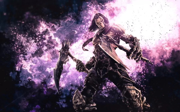 A striking HD PC desktop wallpaper featuring a character from the video game Darksiders II, surrounded by vibrant purple and black visual effects.
