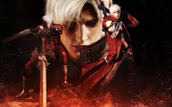 HD PC desktop wallpaper featuring dynamic characters from the video game Devil May Cry 2, showcasing intense action and dark, fiery tones.