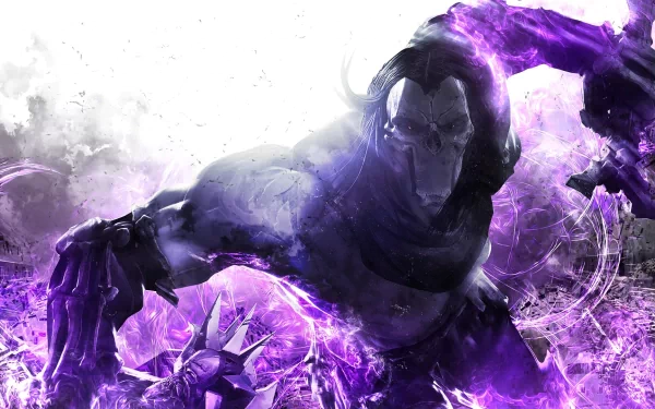 A striking HD wallpaper from Darksiders II featuring a powerful, ethereal character surrounded by dynamic purple energy and a dark, atmospheric background.