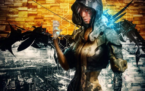 HD PC desktop wallpaper of Remember Me video game: hooded protagonist with a glowing vial and cybernetic wings above a neon futuristic cityscape, high-detail background.