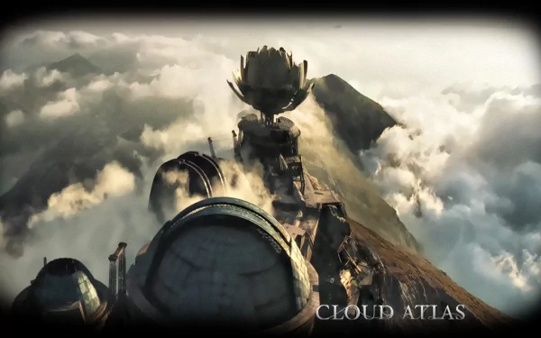 HD desktop wallpaper from the movie Cloud Atlas featuring a towering robotic figure above clouds and mountains, showcasing a dramatic, cinematic landscape.