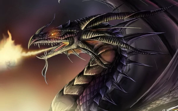 HD fantasy PC desktop wallpaper featuring a fierce dragon breathing fire, with detailed scales and glowing eyes against a dark, smoky background.