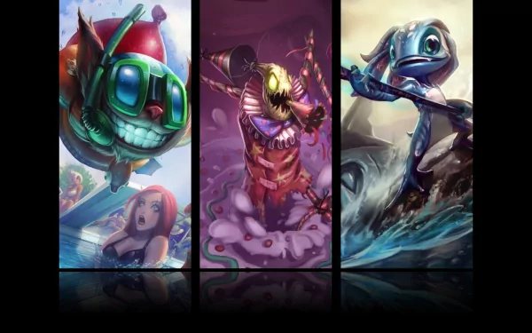 A vibrant HD wallpaper featuring Fizz, Ziggs, and Fiddlesticks from League of Legends, showcasing their unique designs and dynamic poses in an immersive gaming environment.