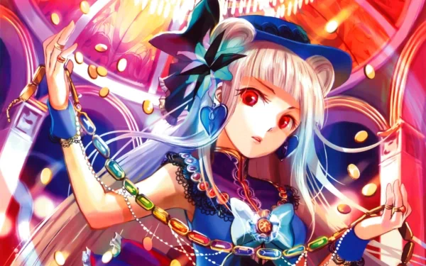 A vibrant HD wallpaper featuring Mayu, a Vocaloid character, adorned in a colorful outfit with striking accessories, set against a dynamic, glowing background.