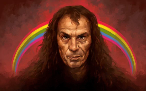 HD desktop wallpaper featuring Dio, with a vivid depiction of his face and long hair, against a dark backdrop and a vibrant rainbow.