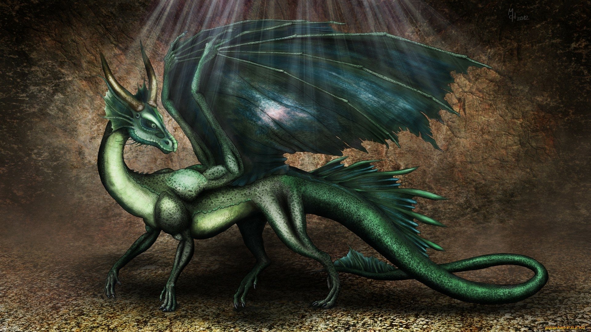 HD fantasy PC desktop wallpaper featuring a detailed green dragon with large wings, standing on a rocky, textured background under soft rays of light.