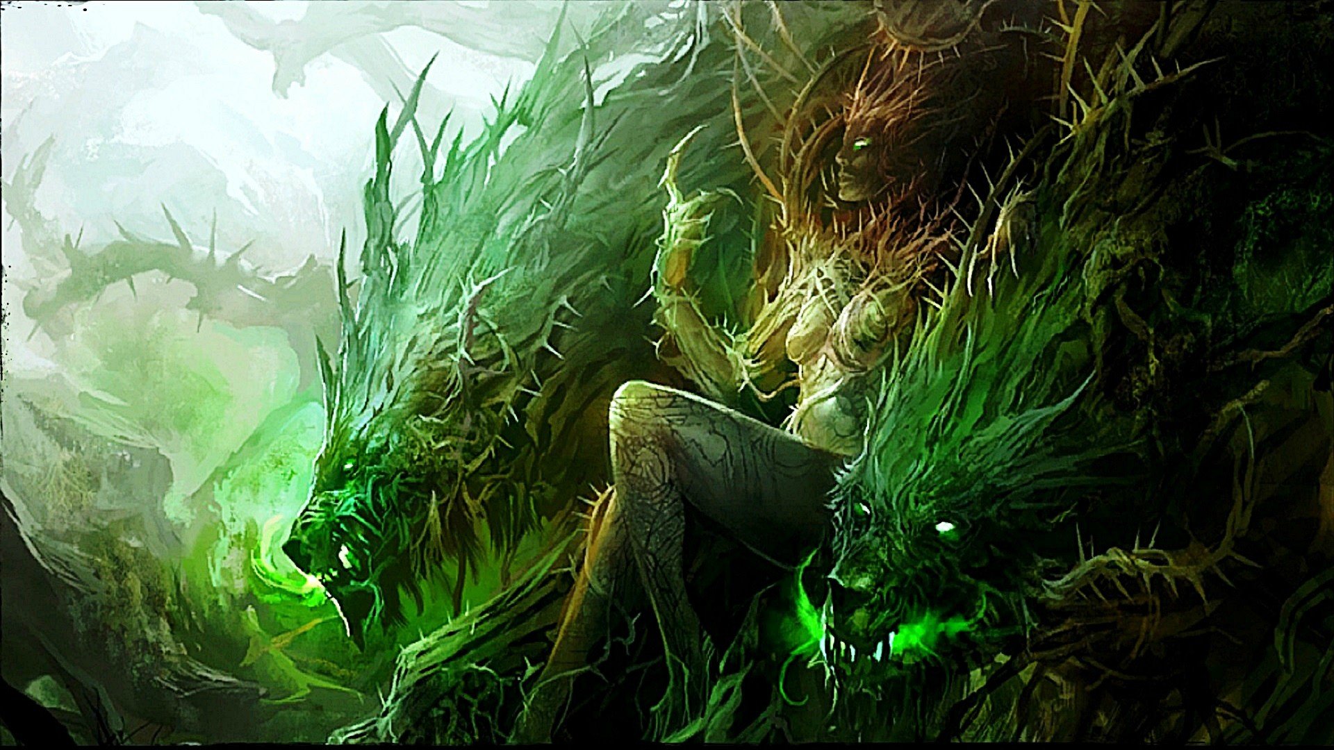 HD PC desktop wallpaper from the video game Guild Wars 2 featuring a mystical figure entwined with two glowing, green, dragon-like creatures in a dark, forested setting.
