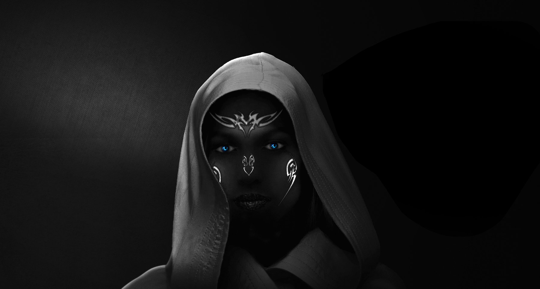 A fantasy-themed HD desktop wallpaper featuring a woman with striking blue eyes, dark skin, and intricate white designs on her face, set against a black background.