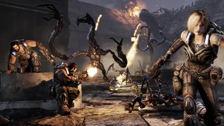 HD PC desktop wallpaper featuring intense combat with soldiers battling monstrous creatures in the video game Gears of War.