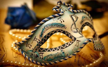 A beautifully designed mask adorned with musical notes, set against a backdrop of sheet music and pearls, creating an elegant photography wallpaper.
