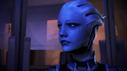 Liara T'Soni from Mass Effect, a blue-skinned Asari looking aside in a sci-fi interior — 2K Quad HD PC desktop wallpaper and background.