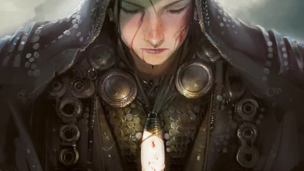 HD PC desktop wallpaper featuring a man made character from Magic: The Gathering, cloaked and adorned with intricate armor and a glowing pendant.