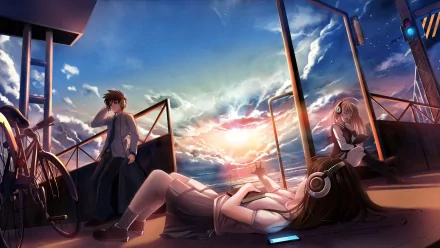 A serene anime scene shows three characters outdoors at sunset, with one girl listening to music on the ground, capturing a moment of tranquility in this original HD desktop wallpaper.