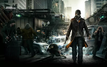 HD desktop wallpaper featuring Aiden Pearce from the video game Watch Dogs, depicting an action-packed urban scene with chaos and characters in motion.