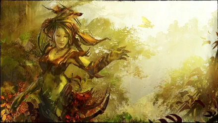 Sylvari from Guild Wars 2 in a sunlit forest, floral armor and leafy hair, vibrant fantasy video game HD PC desktop wallpaper/background.