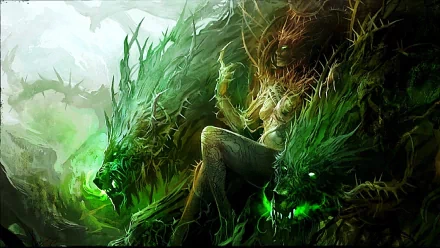 HD PC desktop wallpaper from the video game Guild Wars 2 featuring a mystical figure entwined with two glowing, green, dragon-like creatures in a dark, forested setting.