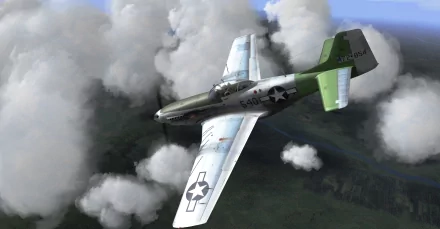 HD desktop wallpaper showing a North American P-51 Mustang military aircraft soaring above clouds with detailed markings and a green tail.