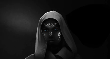 A fantasy-themed HD desktop wallpaper featuring a woman with striking blue eyes, dark skin, and intricate white designs on her face, set against a black background.