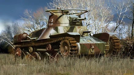 HD PC desktop wallpaper featuring a detailed image of a military Type 4 Ke-Nu tank positioned in a grassy field with leafless trees and a cloudy sky background.