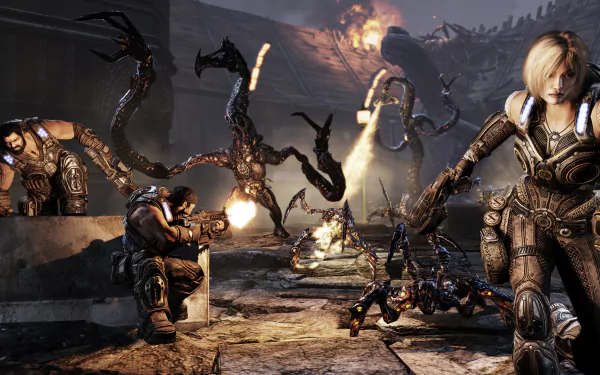 HD PC desktop wallpaper featuring intense combat with soldiers battling monstrous creatures in the video game Gears of War.