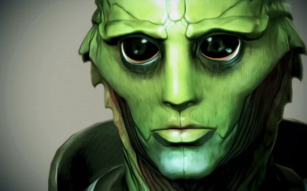 Oil painting-style HD desktop wallpaper of Thane Krios, the green-skinned character from the video game Mass Effect 3.