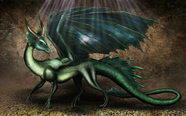 HD fantasy PC desktop wallpaper featuring a detailed green dragon with large wings, standing on a rocky, textured background under soft rays of light.
