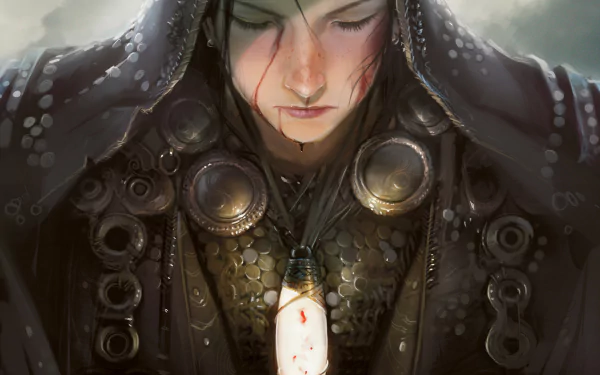 HD PC desktop wallpaper featuring a man made character from Magic: The Gathering, cloaked and adorned with intricate armor and a glowing pendant.