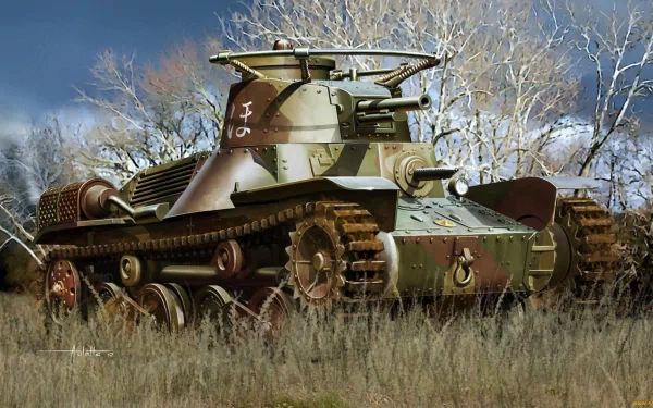 HD PC desktop wallpaper featuring a detailed image of a military Type 4 Ke-Nu tank positioned in a grassy field with leafless trees and a cloudy sky background.