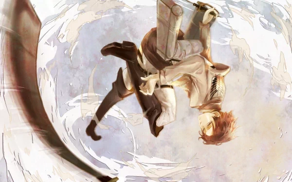 HD desktop wallpaper of Levi Ackerman from Attack on Titan in dynamic combat pose.