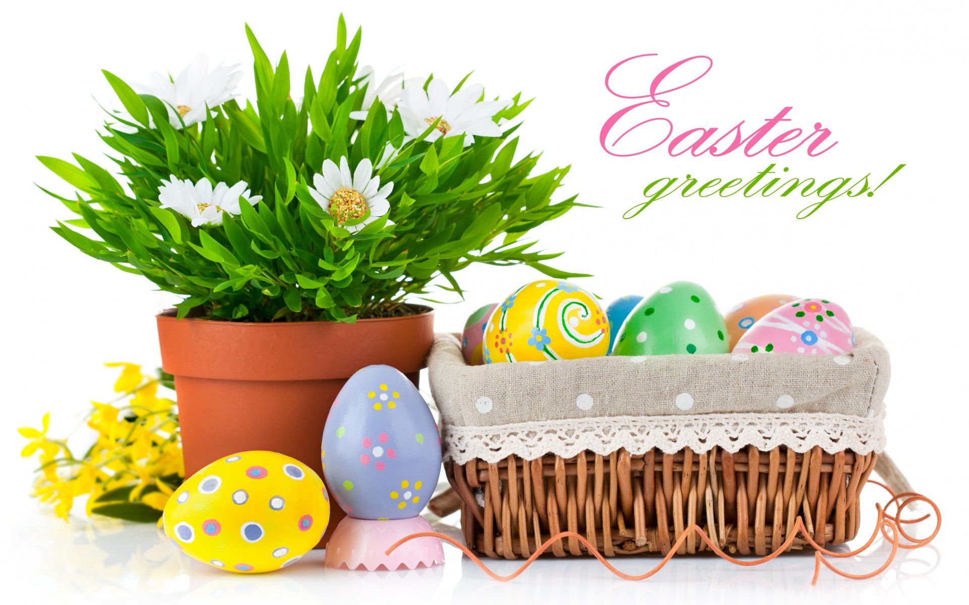 A vibrant Easter-themed desktop wallpaper featuring a basket of colorful eggs, a potted plant, and the text Easter greetings! for a festive holiday atmosphere.