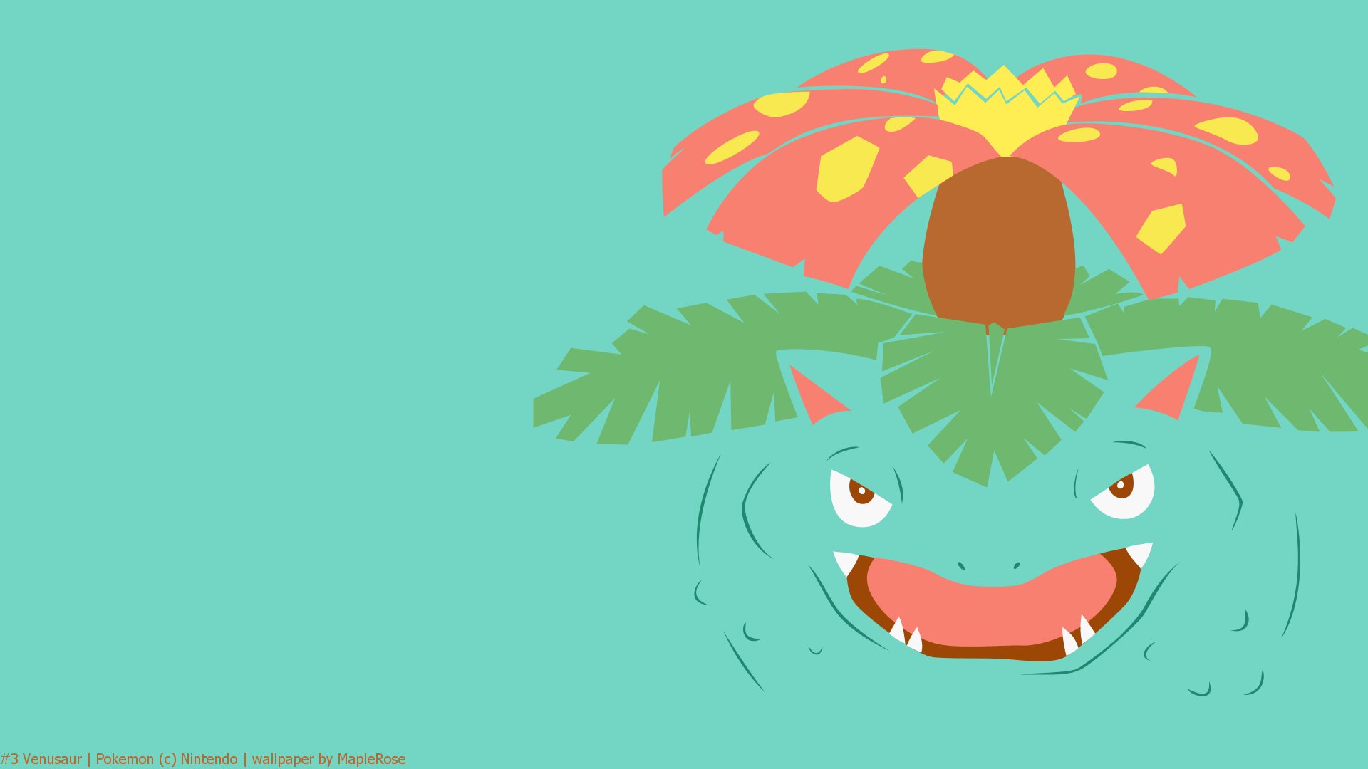 HD PC desktop wallpaper featuring a stylized, minimalist illustration of the Pokémon Venusaur on a teal background.