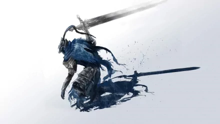 Artorias from Dark Souls stands poised with his massive sword, surrounded by a misty, ethereal backdrop, capturing the essence of the game in this striking HD wallpaper.