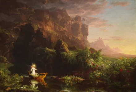 HD PC desktop wallpaper featuring an artistic painting of a serene water scene with a glowing figure in a boat amidst lush, rocky landscapes at sunset.