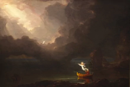 Artistic painting 2K Quad HD PC desktop wallpaper and background — small golden boat on dark water beneath towering storm clouds, a shaft of light illuminating a lone luminous figure.