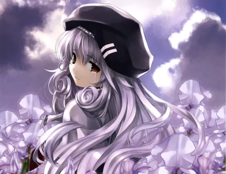 Anime wallpaper from Boku To Kanojo Ni Furu Yoru, featuring a girl with long, silver hair and a black hat, surrounded by delicate flowers against a cloudy backdrop.