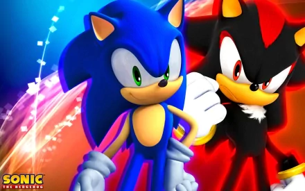 Dynamic HD wallpaper featuring Sonic the Hedgehog and Shadow the Hedgehog from Sonic Adventure 2, set against a vibrant background that captures the essence of their rivalry.