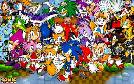 HD PC desktop wallpaper featuring Sonic the Hedgehog and a large group of colorful characters from the video game series in dynamic poses.