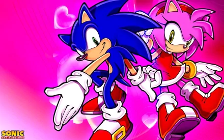 HD desktop wallpaper featuring Sonic the Hedgehog and Amy Rose from the video game Sonic the Hedgehog, with a vibrant pink background and heart motifs.