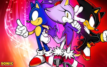 HD wallpaper featuring Shadow the Hedgehog, Blaze the Cat, and Sonic from the Sonic the Hedgehog video game series, set against a vibrant background.