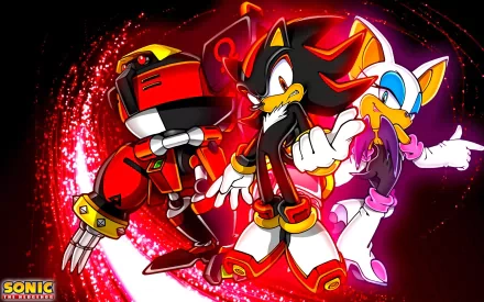 A vibrant HD wallpaper featuring Shadow the Hedgehog, Rouge the Bat, and E-123 Omega from Sonic Heroes, set against a striking red and black background.