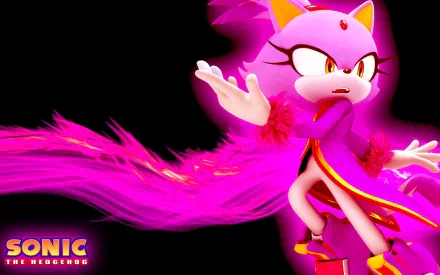 HD PC desktop wallpaper of Burning Blaze from Sonic the Hedgehog, featured in the video game Mario & Sonic at the Olympic Winter Games, glowing with vibrant pink flames.