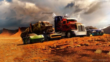 HD desktop wallpaper featuring Optimus Prime and Crosshairs from the movie Transformers: Age of Extinction, set in a desert landscape.