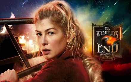 HD desktop wallpaper featuring Rosamund Pike from the movie The World's End, with a dramatic cosmic background and the film's logo.