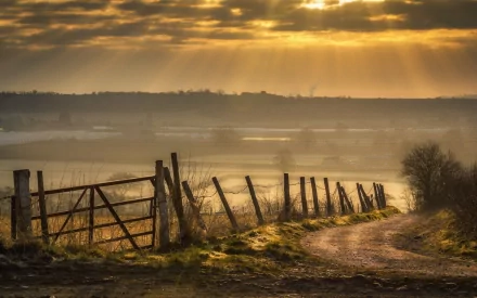 A tranquil landscape featuring a rustic fence along a dirt path, bathed in warm golden light from a sunset, creating a serene natural backdrop for HD desktop wallpaper.